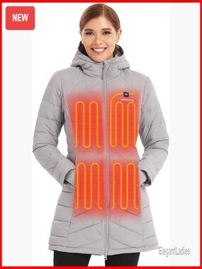 Women's Long Heated Puffer Jacket with Battery Pack, Recycled Polyester